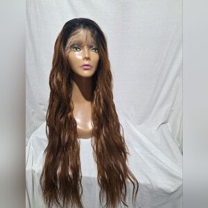 Long Brown Wavy Human Hair Blend Lace Front Wig. 29 Inches Long